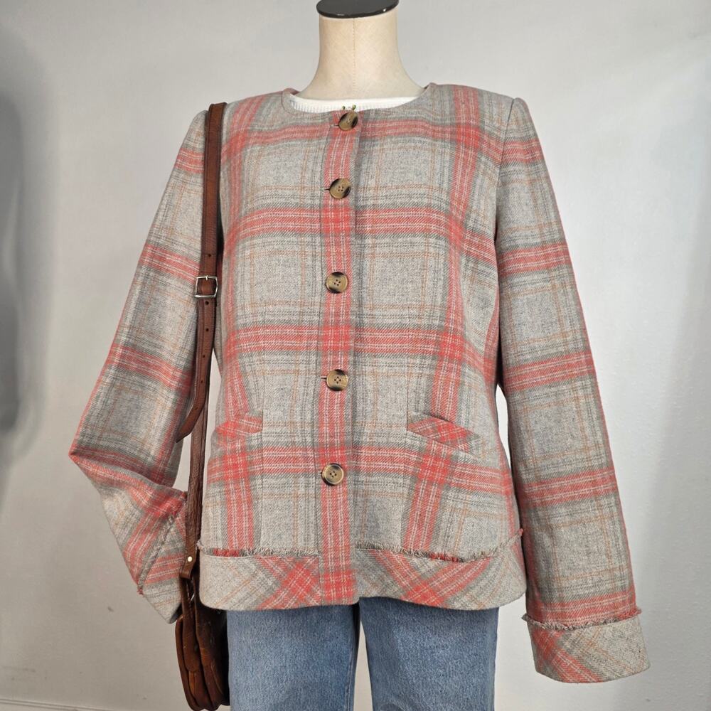 Sundance Plaid Wool Blend Collarless Blazer Jacket Gray Coral Size 16 Preppy